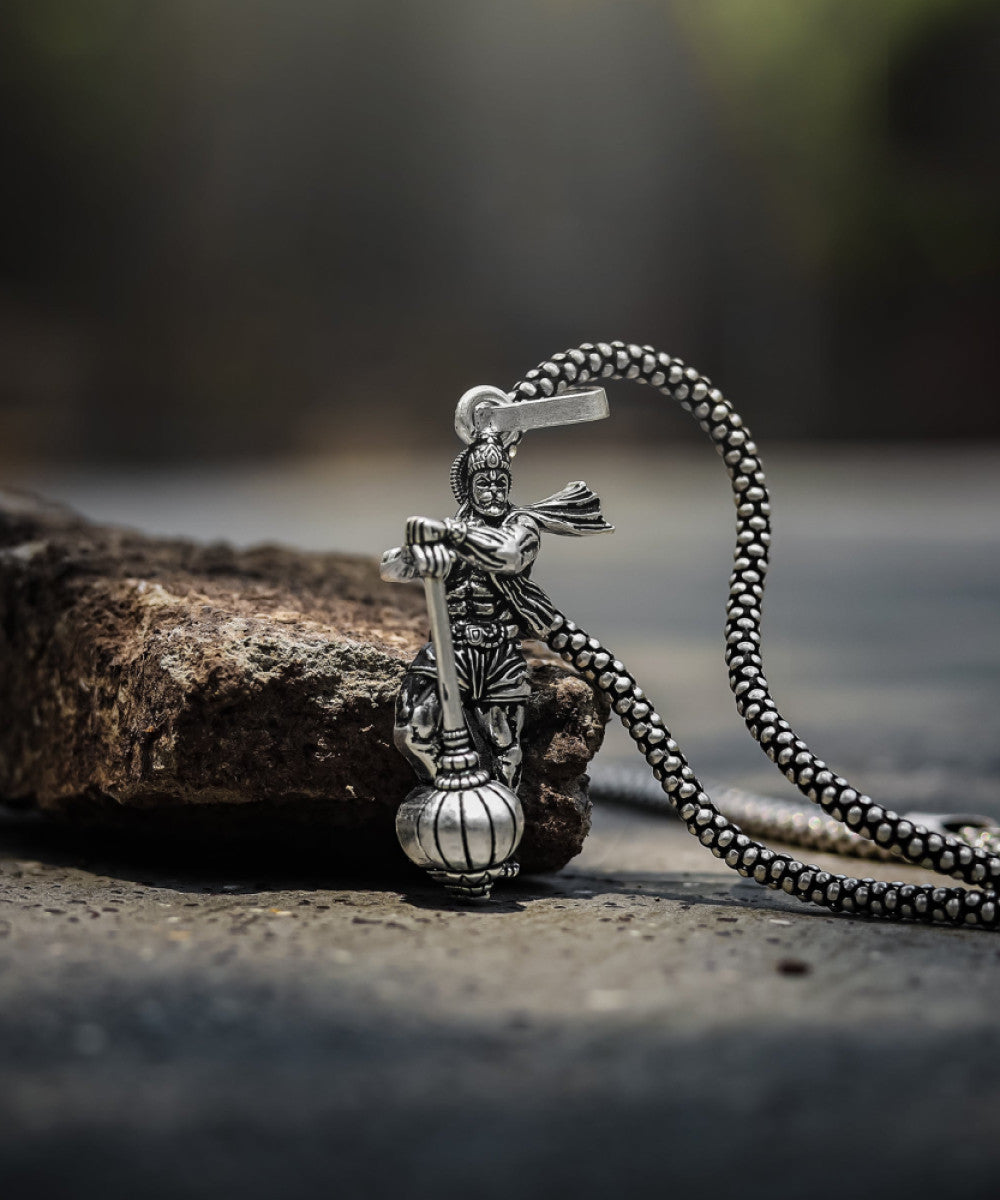 Lord Hanuman Oxidised Silver Pendant & Chain