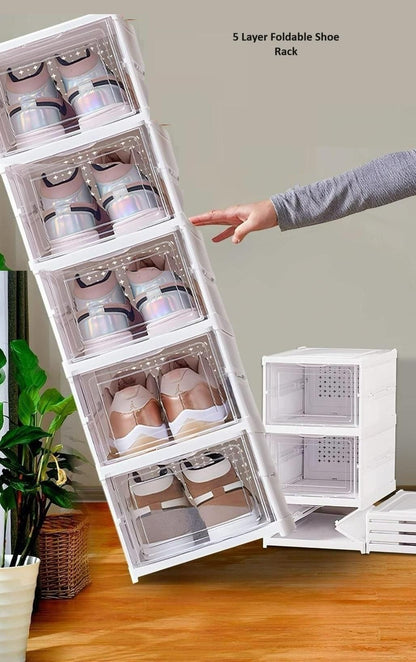 5 Layer Foldable Shoe Organizer Storage Box - Collapsible Shoe Rack, Clear-Door Design for Effortless Shoe Management in Closet and Entryway
