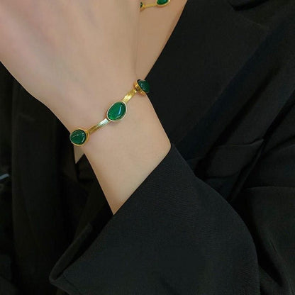 Green Crystal Pendant Necklace Set With Bracelet