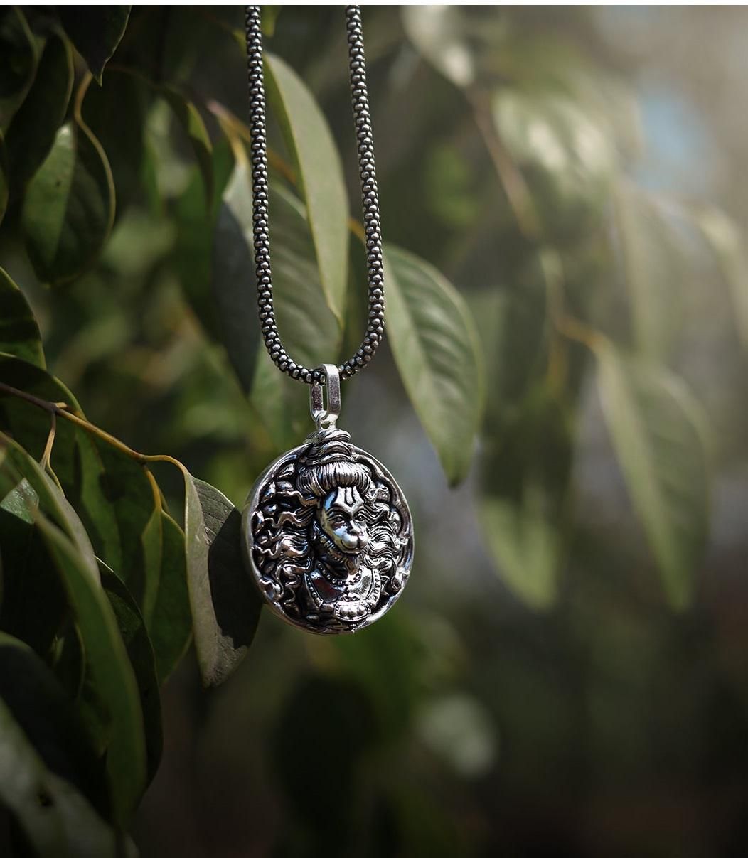 Lord Hanuman Oxidised Silver Pendant & Chain