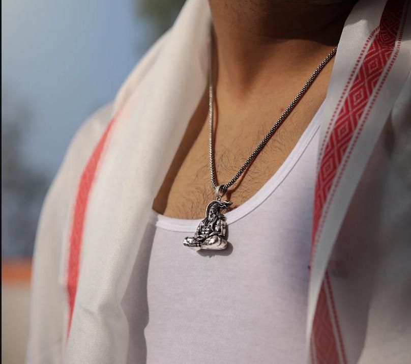 Lord Hanuman Oxidised Silver Pendant & Chain