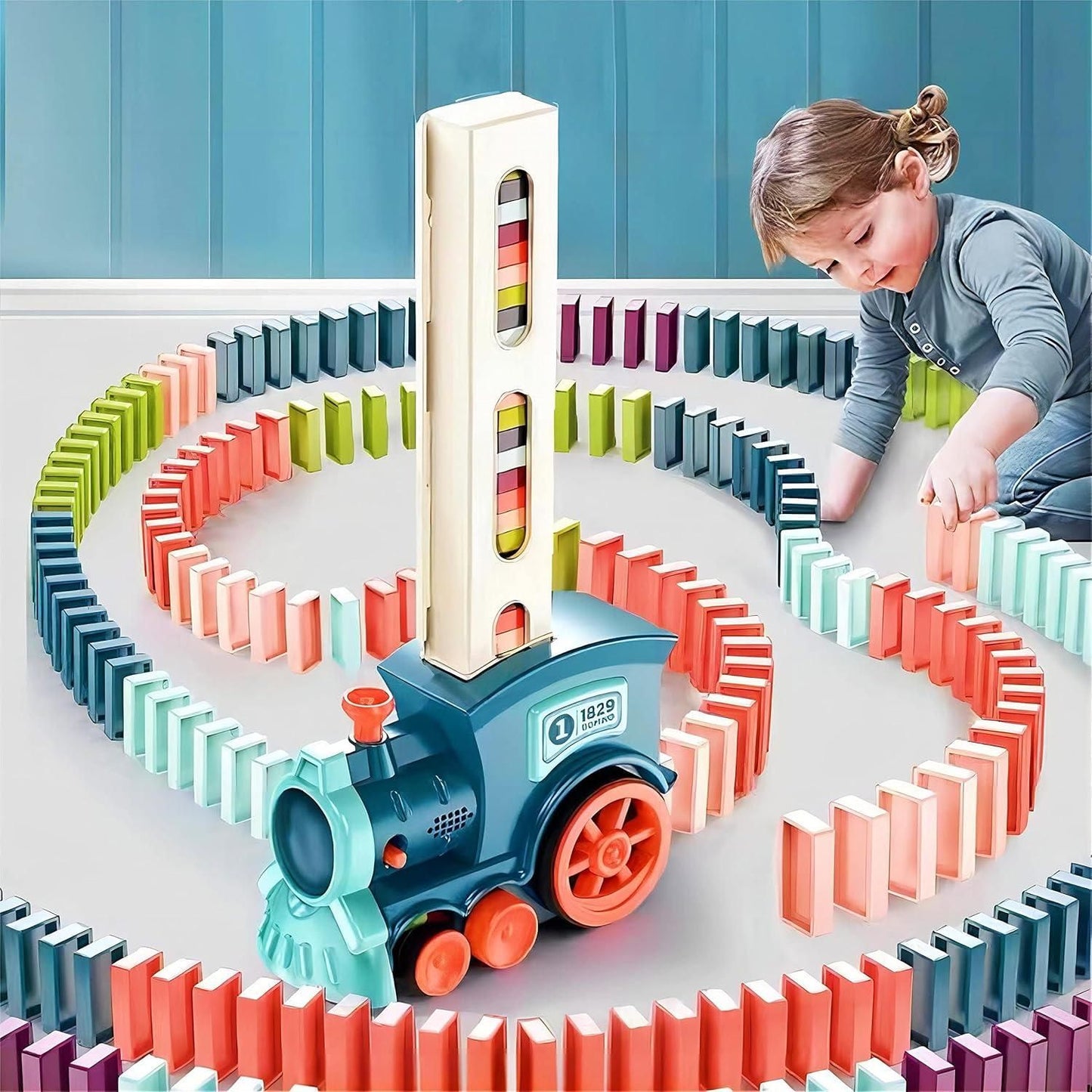 Domino Train Toy Set for Kids BPA Free Plastic with Lights and Sound Effects