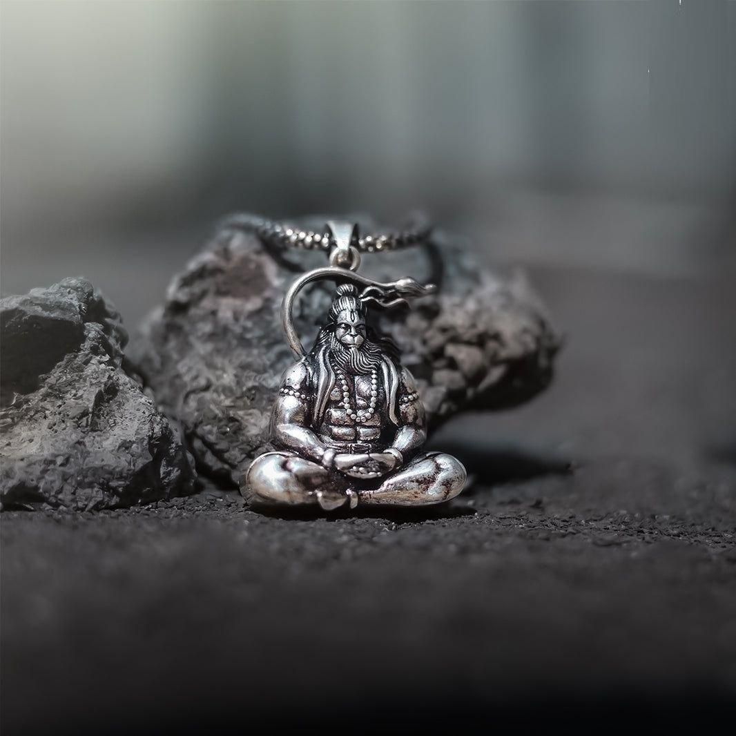 Lord Hanuman Oxidised Silver Pendant & Chain