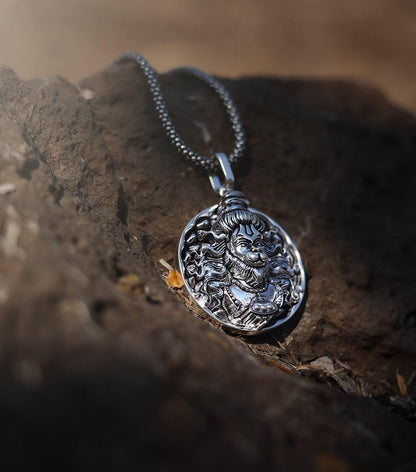 Lord Hanuman Oxidised Silver Pendant & Chain