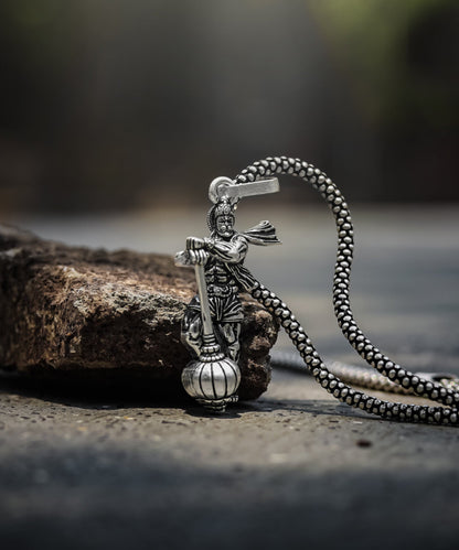 Lord Hanuman Oxidised Silver Pendant & Chain